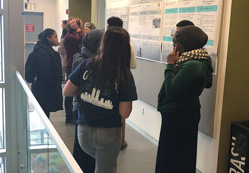 CPH students, faculty and staff observe BSPH students' poster presentations and learn about their experiences.