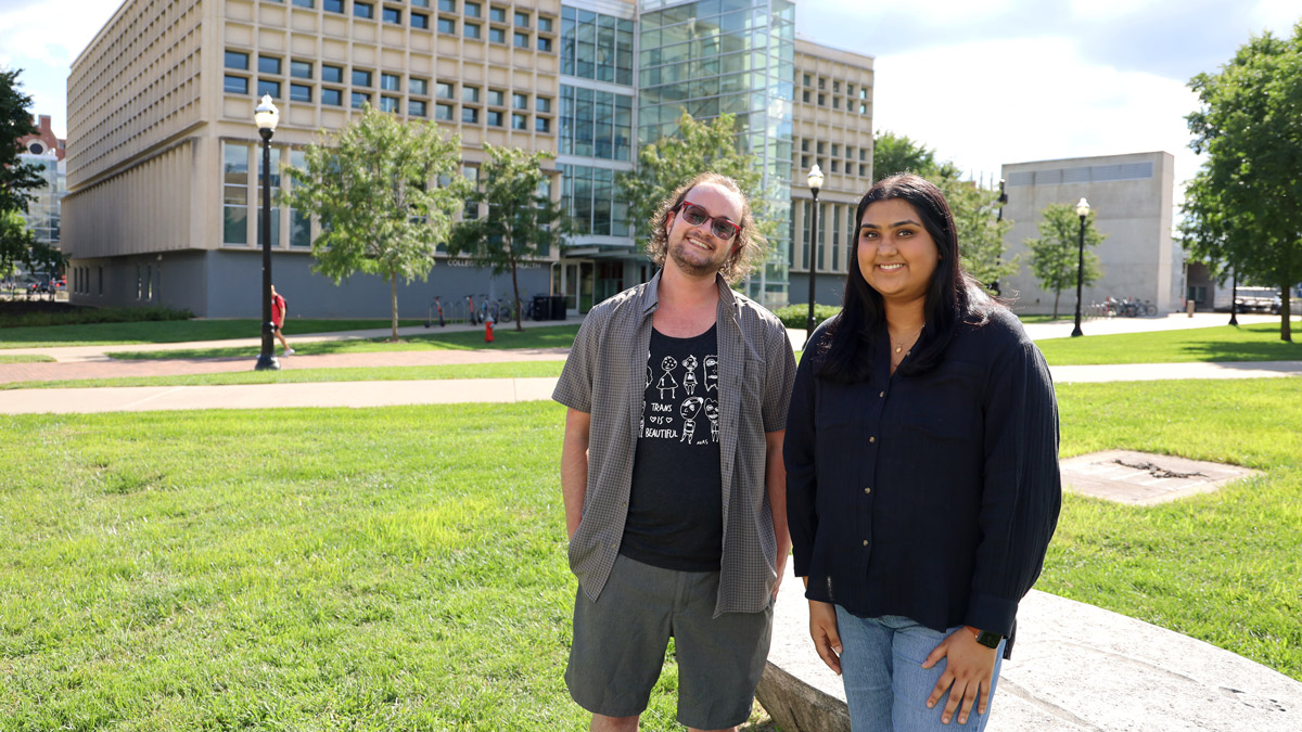 Kaleb Masterson and Sanjana Duvvuri outside Cunz Hall