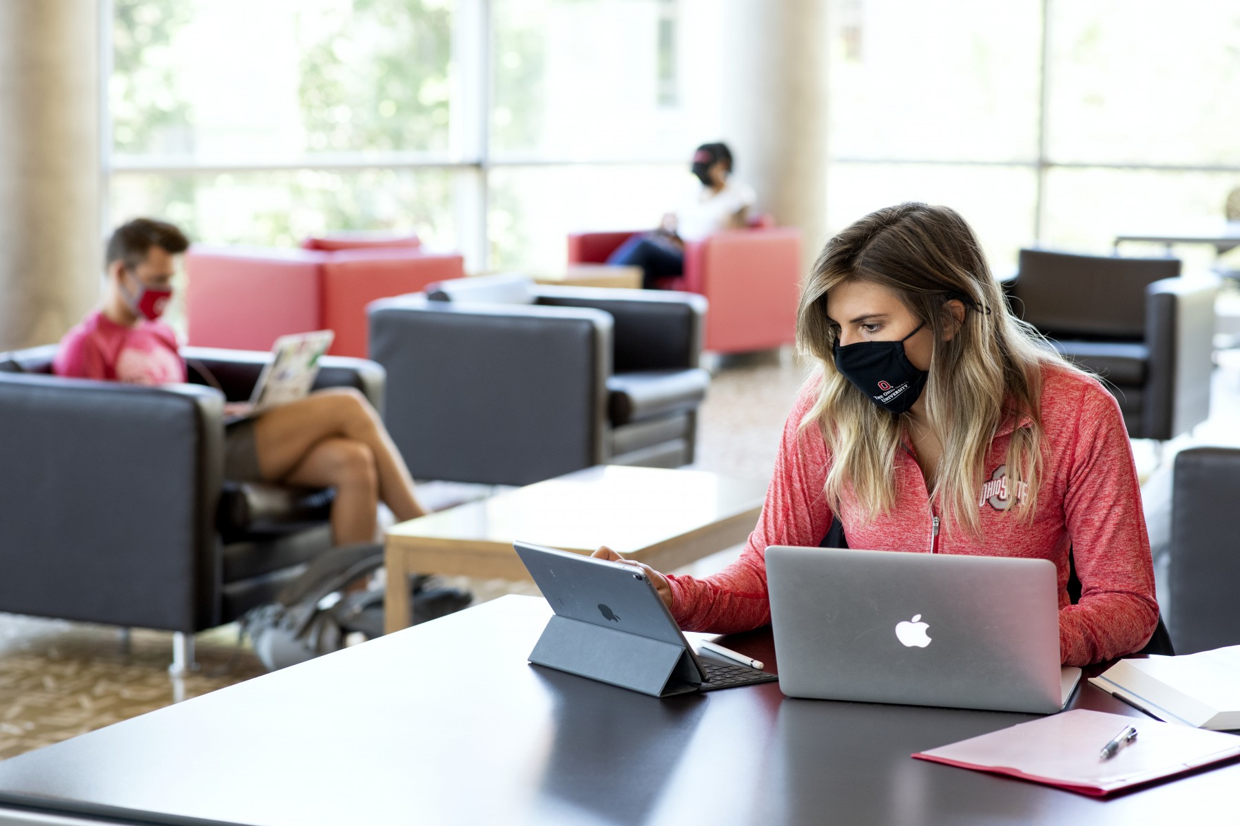 students wearing masks in library
