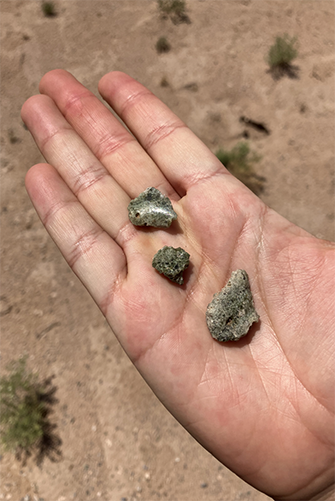 Micaela Richter holds three piece of trinitite in her palm.