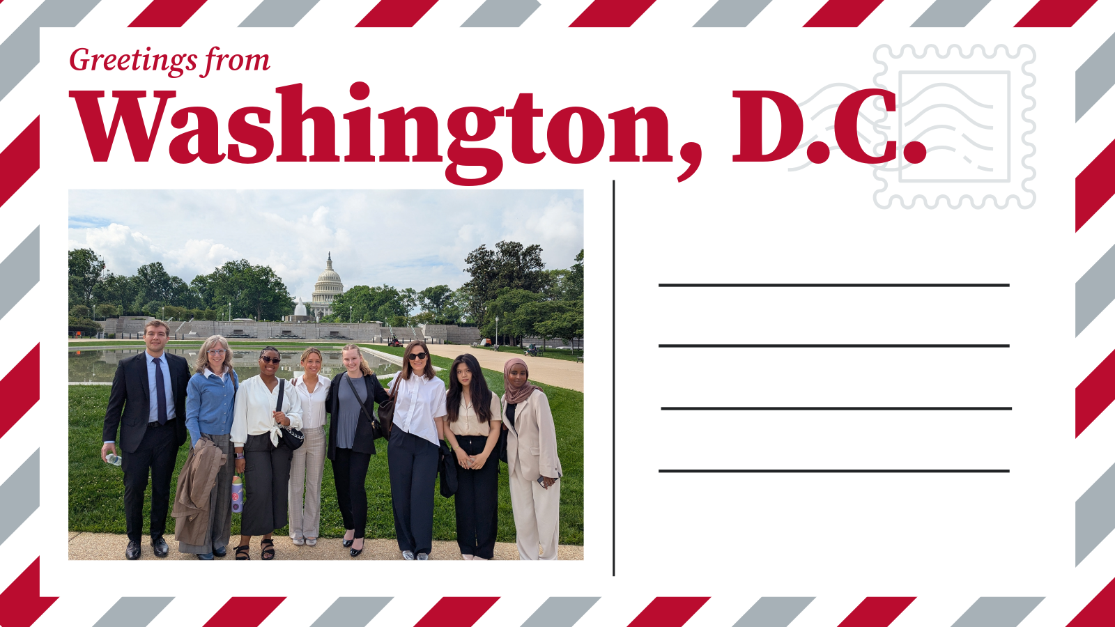 Postcard with a scarlet and gray border that says "Greetings from Washington, D.C." with a photo of students and the U.S. Capitol in the background