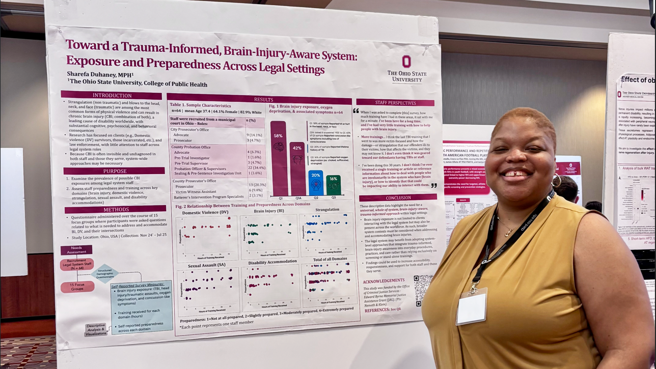 Sharefa Duhaney stands in front of a research poster focused on brain injury and violence prevention.