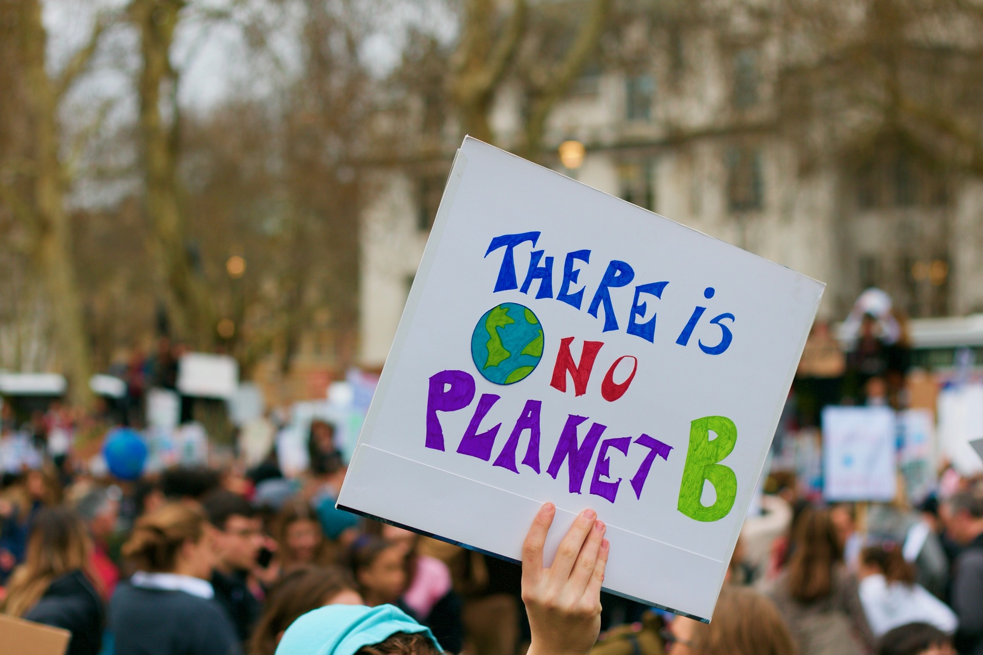 A demonstrator at an environmental rally holds a sign that says "No Planet B"