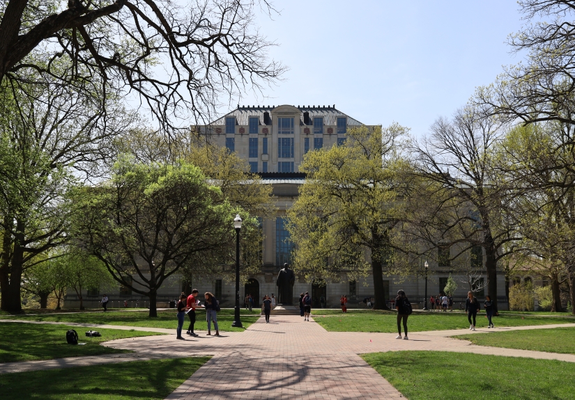 Thompson Library in the spring