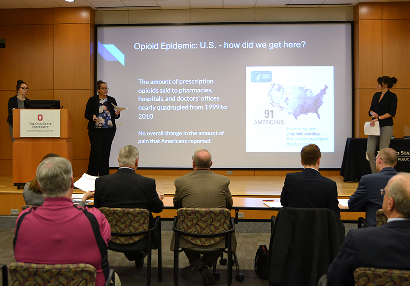 A team of CPH students presents background of the opioid epidemic in the U.S. during the CPH Student Case Competition.