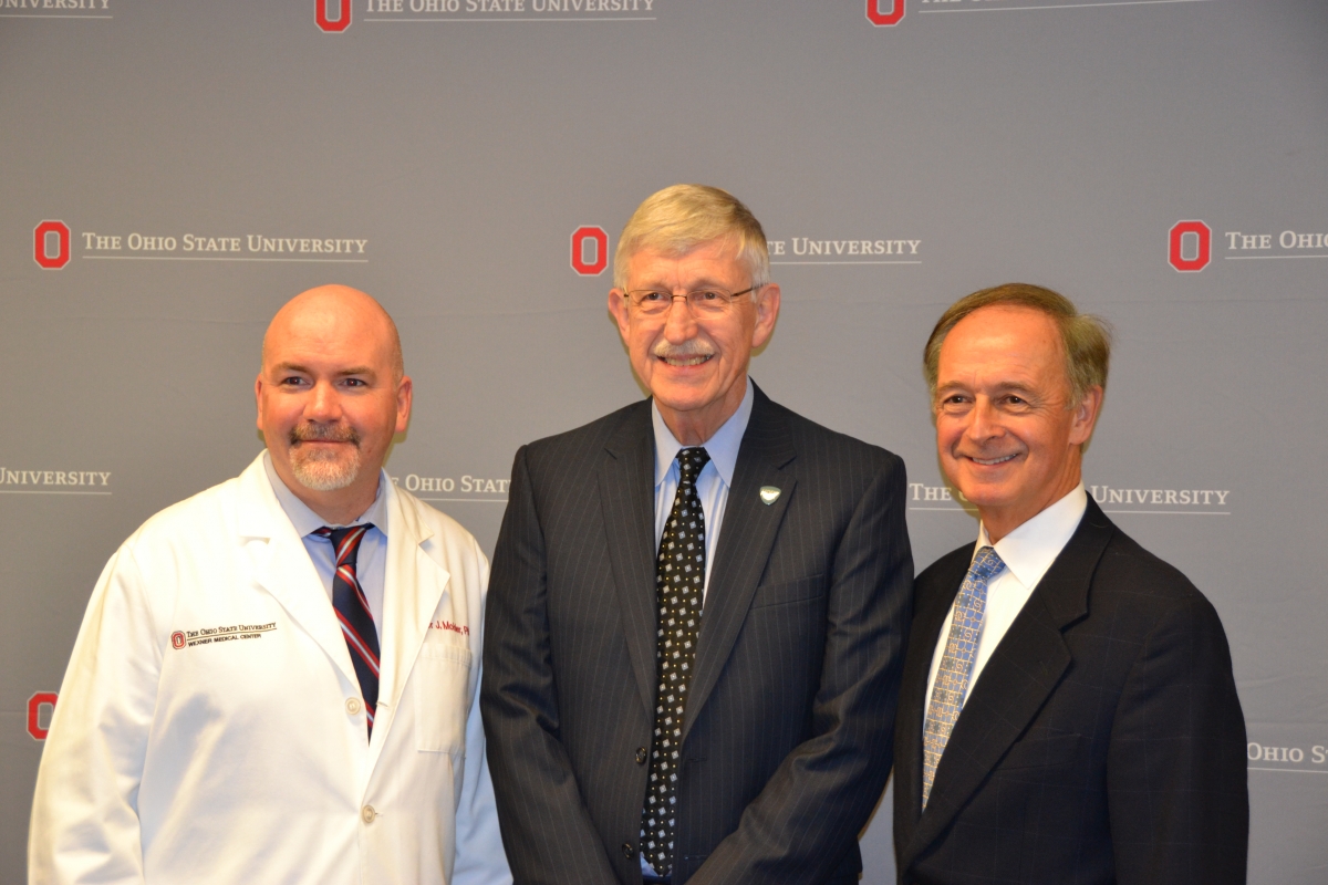 CPH Dean William Martin II, MD (right), at the awards announcement event with NIH Director Francis Collins, MD, PhD (center), and Peter Mohler, PhD, senior associate dean for research at the Ohio State College of Medicine.