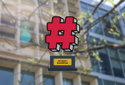 Scarlet Hashtag award graphic on top of an image of Cunz Hall
