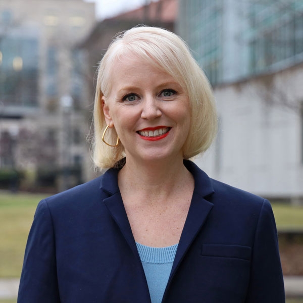 Kate Conway in blue blazer outside Cunz Hall at Ohio State