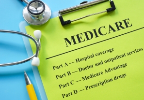 Green paper that says Medicare with a blue background.