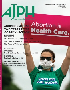 Cover of AJPH featuring a woman holding a sign that says "Abortion is Health Care" 