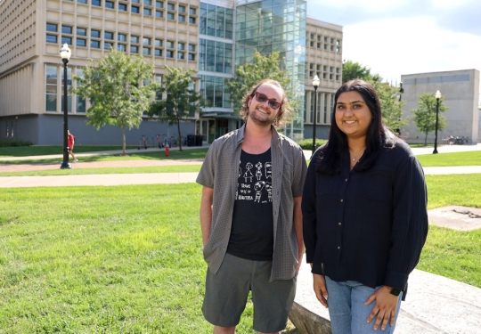Two students selected for Ohio State's Health Equity Scholars Program stand outside Cunz Hall