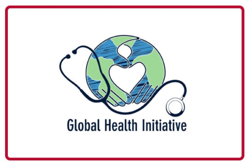 circle logo with earth and helping hands, overlaid with stethoscope