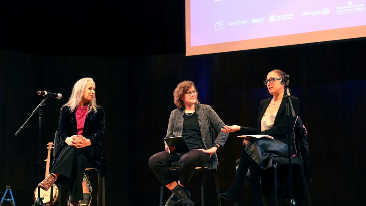 Ambre Emory-Maier (left), Amy Fairchild and Dana Renga discuss the intersections between art and public health.