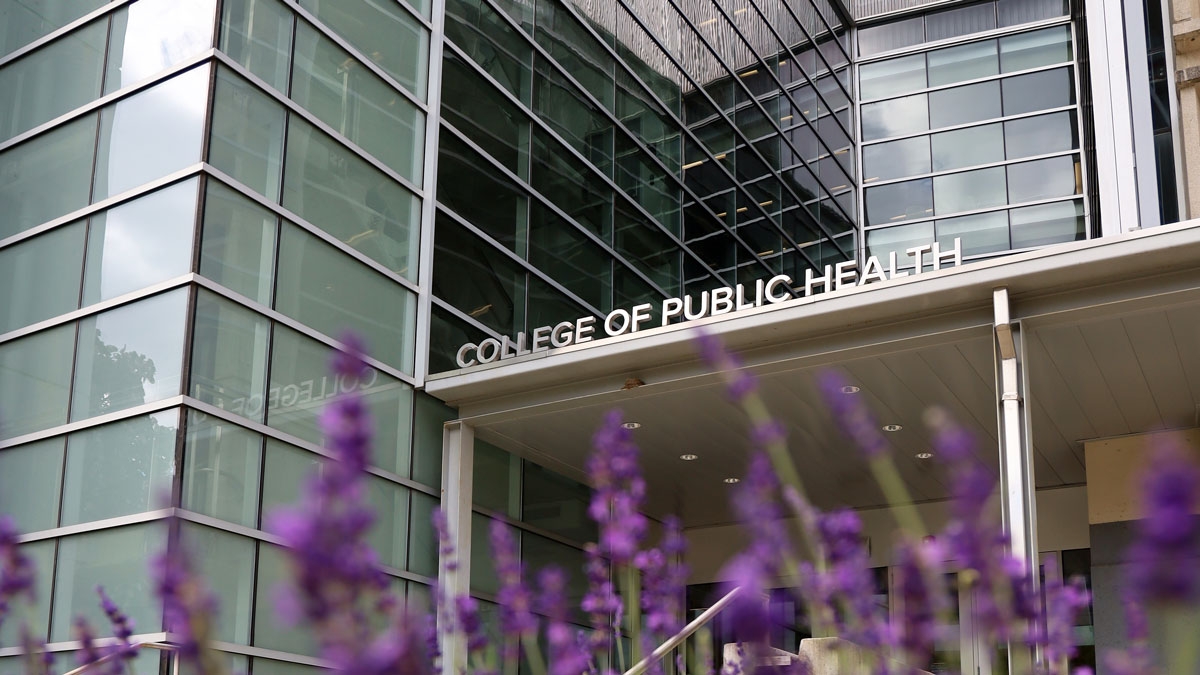 Front of Cunz Hall, with lavendar in bloom
