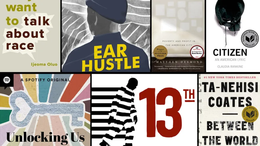 Collage of book and podcast covers