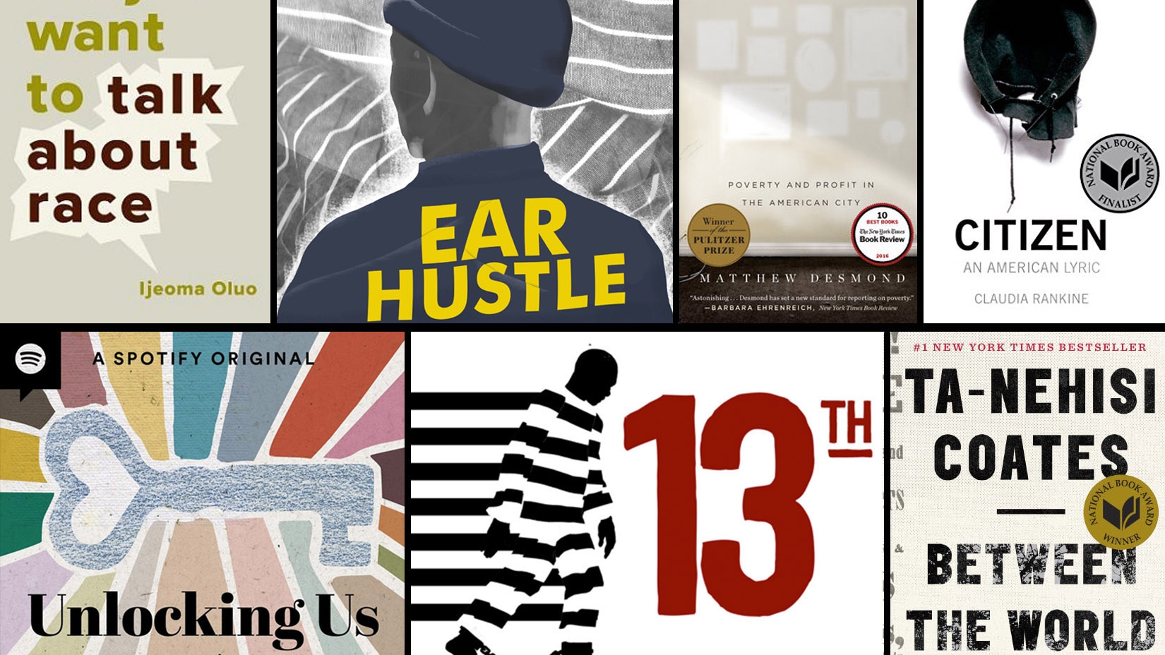 Collage of book and podcast covers