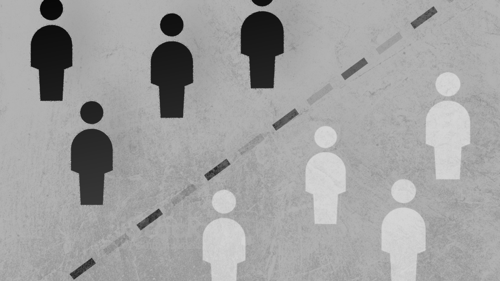black figures and white figures separated by a line, depicting racism / division