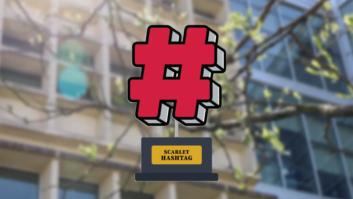 Scarlet Hashtag award graphic on top of an image of Cunz Hall
