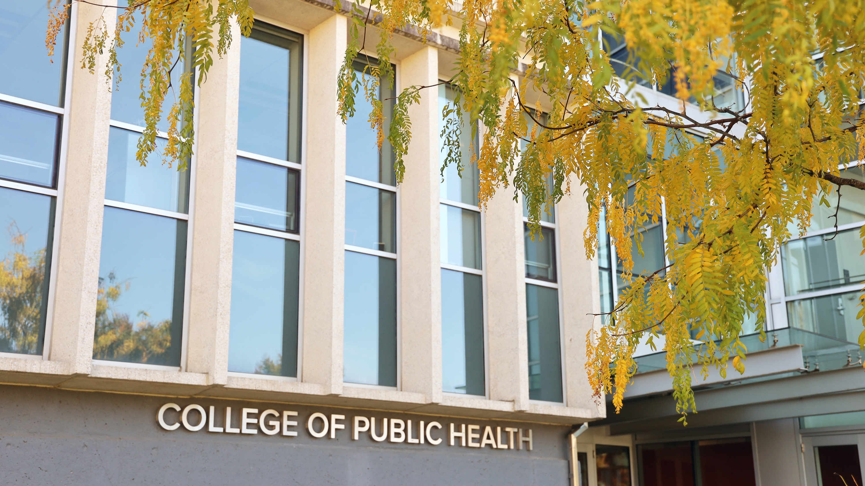 The facade of Cunz Hall with yellow leaves in the foreground