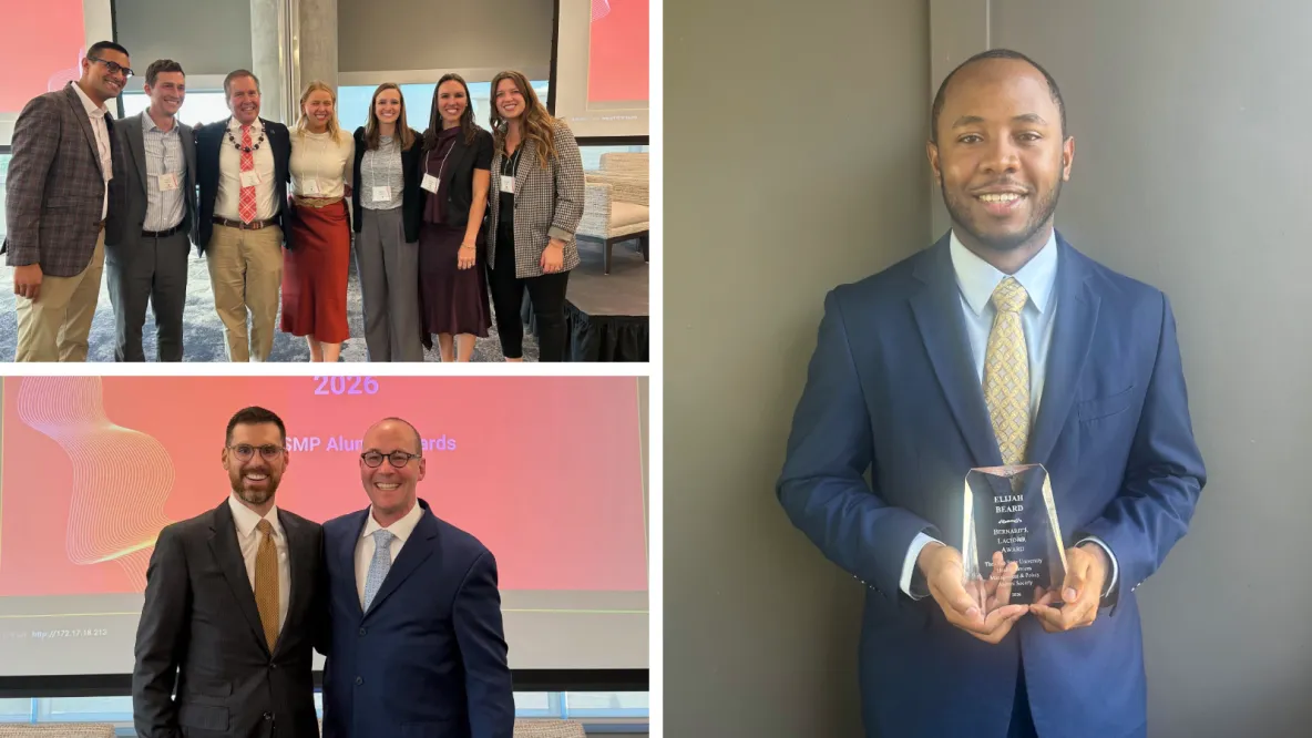 A collage of three photos featuring various people smiling in professional attire
