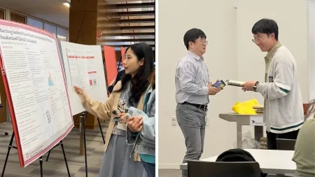Collage of two photos. One shows a young woman talking about research and pointing to a poster. The second is a man receiving an award from another.