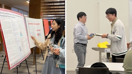 Collage of two photos. One shows a young woman talking about research and pointing to a poster. The second is a man receiving an award from another.