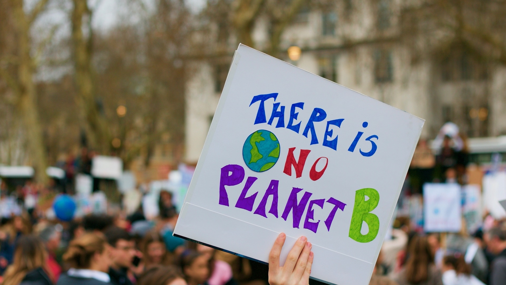 A demonstrator at an environmental rally holds a sign that says "No Planet B"