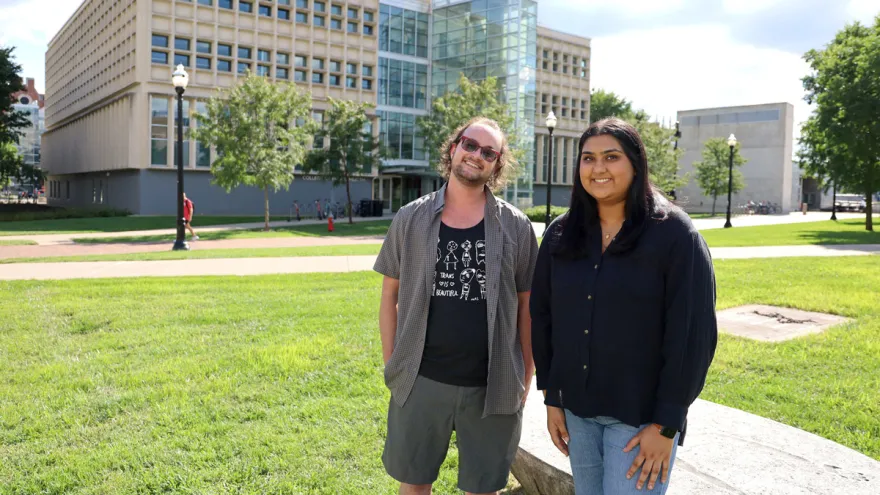 Two students selected for Ohio State's Health Equity Scholars Program stand outside Cunz Hall