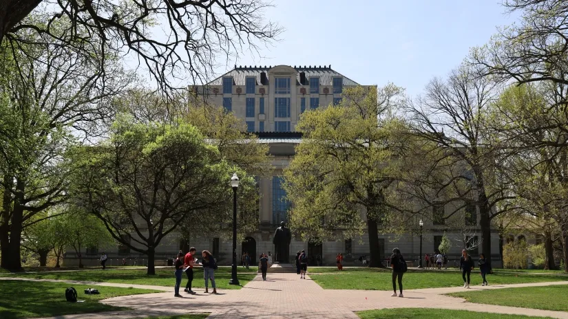 Thompson Library in the spring