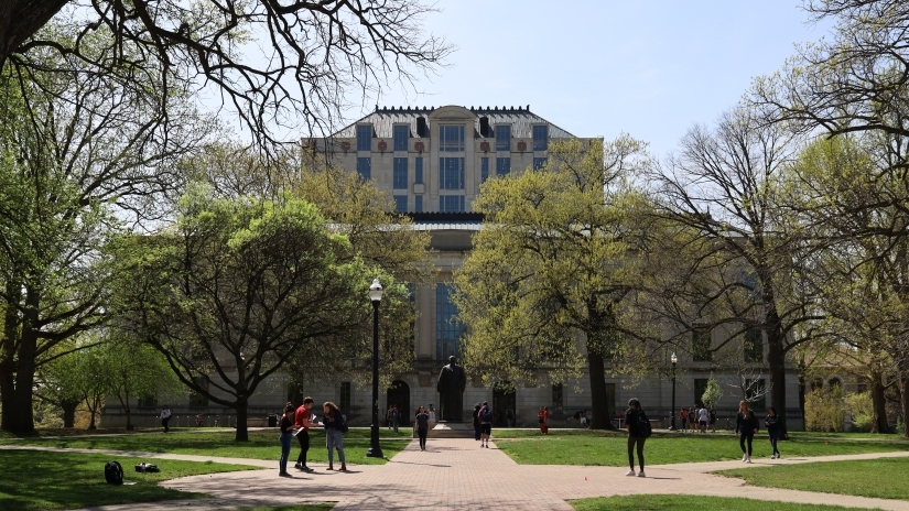 Thompson Library in the spring