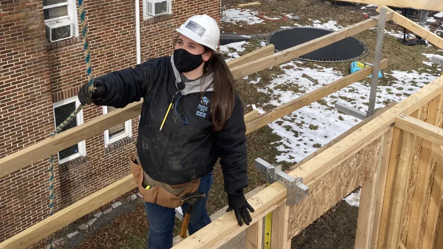 Rachel Hardin works on a build site.