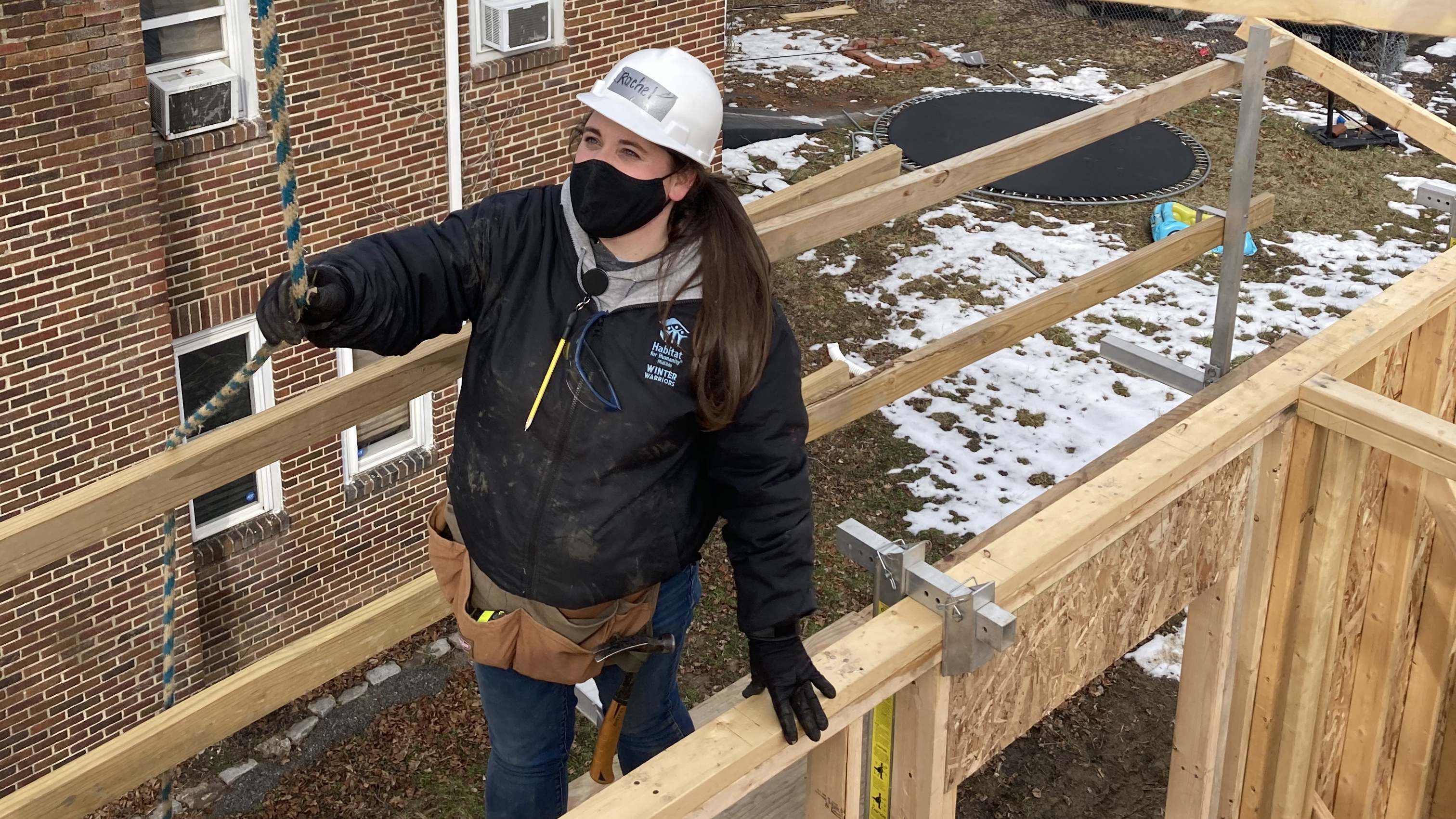 Rachel Hardin works on a build site.