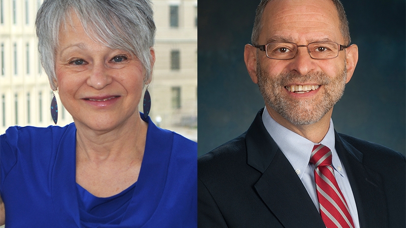Retiring faculty members Sandra Tanenbaum, PhD, and Allard Dembe, ScD