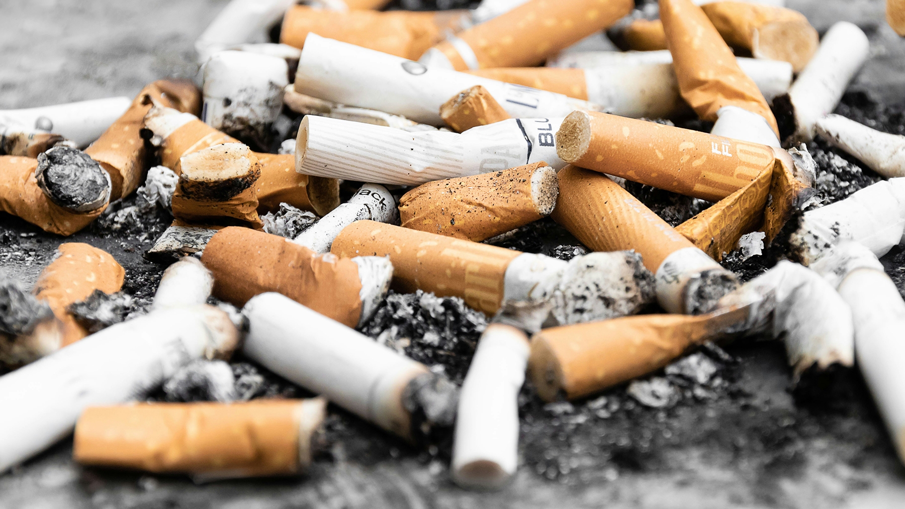A pile of used cigarettes and ash on the ground.