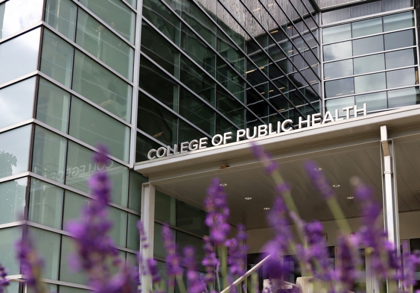 Front of Cunz Hall, with lavendar in bloom