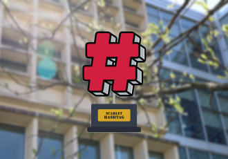 Scarlet Hashtag award graphic on top of an image of Cunz Hall