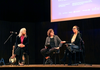 Ambre Emory-Maier (left), Amy Fairchild and Dana Renga discuss the intersections between art and public health.