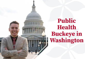 A graphic featuring a photo of Alex Ochoa posing in front of the Capitol building and red text that reads "Public Health Buckeye in Washington"