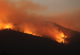 A wildfire on tree-covered hills